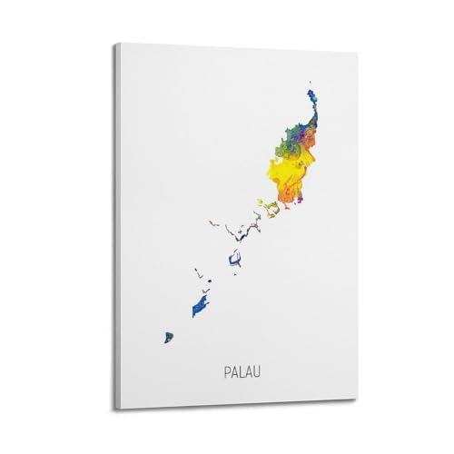 Affiches murales décoratives sur toile, carte aquarelle des Palaos, affiches murales et image d'art moderne pour chambre à coucher (30 x 45 cm)