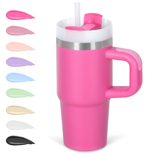 Cosictic 14 Oz Tumbler with Handle and Straw for Kids, Stainless Steel Double Wall Vacuum Insulated Cup for Children, 14 Oz Cups for Kids (Hot Pink)