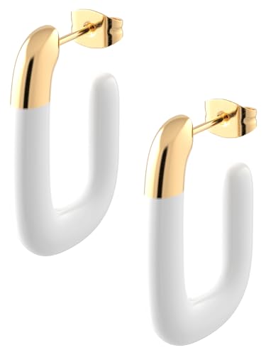 THIORA Damen Creolen aus Edelstahl 18k vergoldet – 'Tahiti Tide' Ovale Ohrringe mit Weiß Emaille, 2,45 cm | Nickelfrei & Wasserfest (Gold-Weiß)