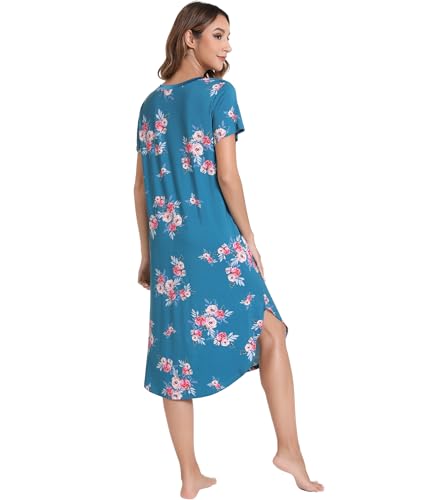 Image of NACHILA Nightgowns for Women-Viscose Made from Bamboo, V Neck Sleepshirts Short Sleeve Sleepwear Cool Nightshirt