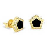 KRKC&CO Men Stud Earrings, Square Studs, 925 Sterling Silver, 14K Gold Iced Out CZ Diamond Black Ony
