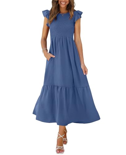 OFEEFAN Womens Casual Dresses Summer Maxi Dresses Smocked Dress Women Dusty Blue M