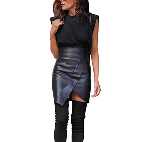 Women's Faux Leather Bodycon Mini Pencil Skirt Basic High Waist A-line Short Skirt Asymmetrical Hem Slim Wrap Skirt