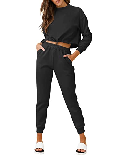 REORIA Damen Trainingsanzug Langarm Activewear Fitness Sets 2-teiliges Outfit Set Loungewear mit Taschen Schwarz S Cover