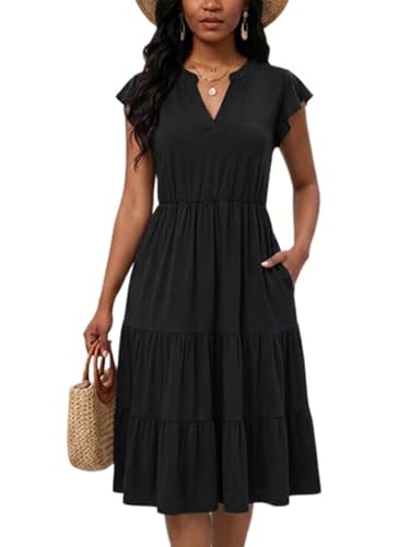 Image of Womens Summer Dress Ruffle Sleeve V Neck Midi Dresses Casual Fit Flowy Tiered Boho Beach Vacation Sundress