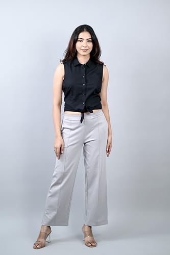 Image of Mlada Mid Waist Wide Leg Flared Pants Elastic Waist Band for Women Office Work Formal Wear Stretch Cotton Knit Flare Pants Utility Pockets Extra Flare Pants Trousers for Travel