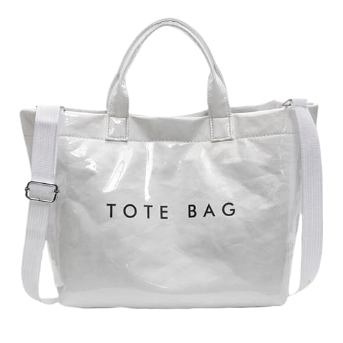 Image of PVC Tote Bag for Women Solid Color Large Letter Print Tote Bag Kraft Paper Clear Plastic Handbag Top Handle Bag