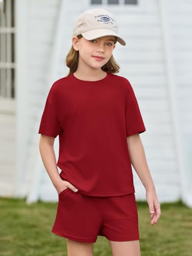 Image of Haloumoning Girls Summer 2 Piece Outfits Kids Oversized T Shirts and Shorts Clothing Sets 5-14 Years