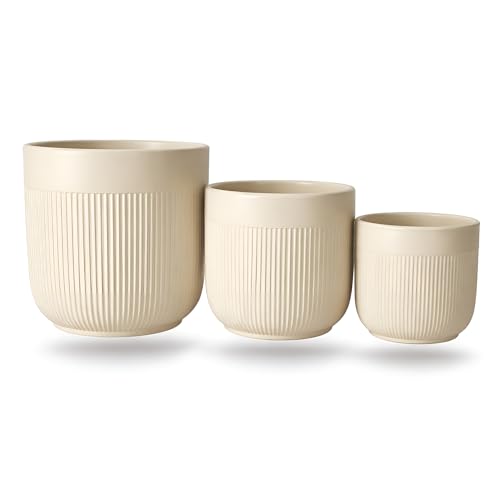 Image of Xtore Ceramic Ribbed Planter Set with Matte Finish | Modern Minimalist Flower Pots for Home, Office, Balcony & Living Room Decor - (Set of 3, Pastel Beige, Planter ONLY)
