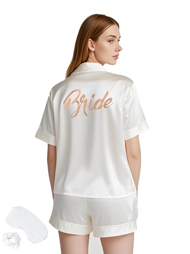 Image of MI X TEE 4Pcs Bride Pajama Summer Silk Pajamas for Team Bride Short Sleeve Shorts PJS Matching Pajamas with Bridesmaid
