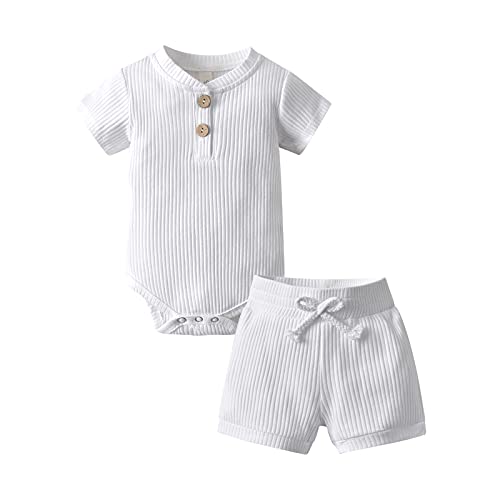 Image of Derouetkia Summer Newborn Baby Boy Girl Clothes Solid Color Ribbed Romper and Shorts Outfits Set