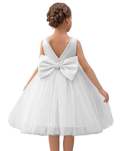 Satin Tulle Flower Girl Dress for Wedding Pearls Bow Knot Birthday Communion Pageant Prom Ball Gown