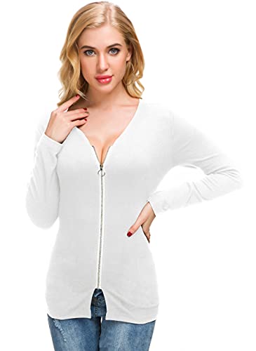 Image of Afibi Women V Neck Zip Front Long Sleeve Casual Top Blouse Shirt /Cardigan