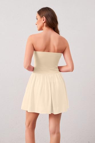 Image of Tube Top Dress for Women Summer Solid Strapless Flowy Mini Dresses Patchwork Pleated Drop Waist Flared Party Dress Beige, Large