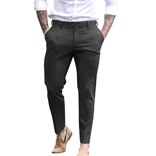 Pantalones clásicos de sarga de algodón para hombre, informales, para negocios, oficina, trabajo, formal, cómodos, con parte delantera plana, plisados, chinos, de golf, holgados, de pierna recta