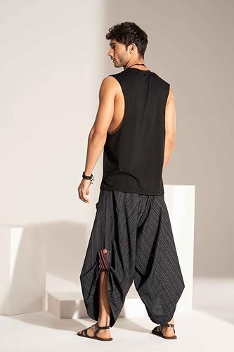 Image of The Veshti Company Cotton Baggy Pants Drop Crotch Harems for Men's Loose Boho Oversized Striped Meditation Yoga Pant with Pocket
