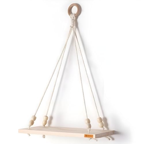 Image of Boho Wooden Hanging Shelf with Beads & Macrame Rope, Adhesive Wall Hook| Rustic Swing Wall Art for Plants, Living Room, Bedroom | Pine Wood, Handcrafted