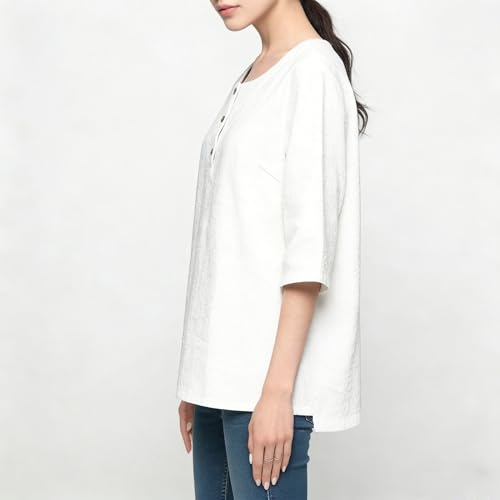 FTCayanz Women's Linen Tops Shirts Summer Casual Jacquard Tunic Blouse Large White - image 3