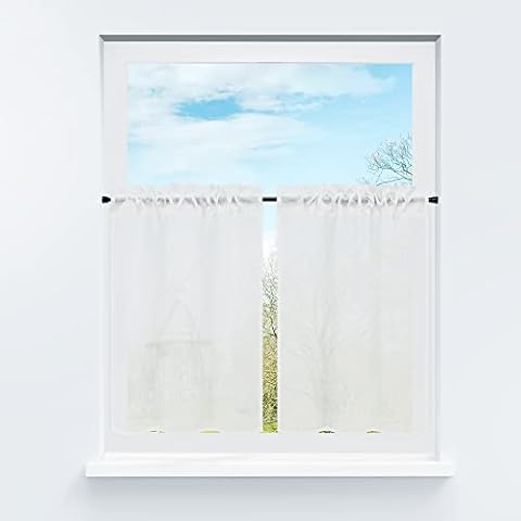 Yujiao Mao Short Sheer Tiers Kitchen Curtains 24 Inch Length for Kitchen Rod Pocket 2 Panels Look Textured Cafe Curtain Semi Sheer Tier Curtains for Window Bathroom Farmhouse (White, 24x30 inch) Cover