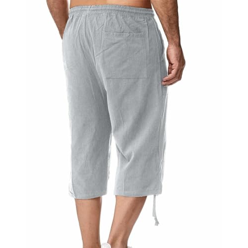 Mens Capri Pants Summer Baggy Casual Linen High Waist Drawstring Harem Pants Lightweight Solid Beach Wide Leg Capris3