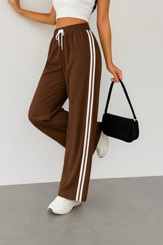 Image of SAKHWALA Women Track Pant | Women's Wide Leg Track Pants High Waist Drawstring Sweatpants with Side Stripes, Casual Loose Fit Lounge Joggers, Dark Grey