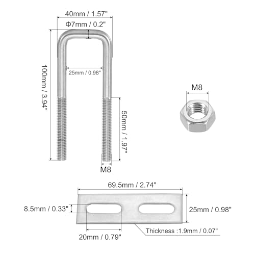 Image of PATIKIL M8x25x100mm Square U-Bolts Kit, 2Set 304 Stainless Steel Square U Shaped Bolts Replacement Parts with Frame Plates and Nuts for Ski Board Sailboat Trailer