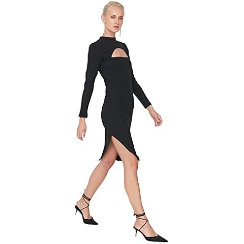 Trendyol Vestido de Punto Midi Ajustado Negro con Cuello Asimétrico para Mujer Cover