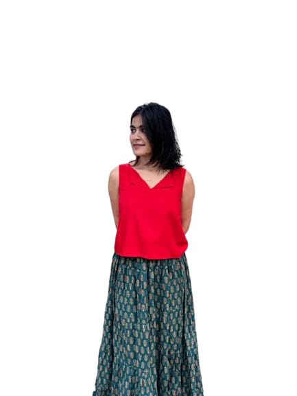 Silkwormm Women's Red Rayon Sleeveless V-Neck Crop Top-picture-33