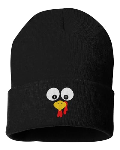 Go All Out One Size Black Cuffed Turkey Face Thanksgiving Embroidered Cuffed Knit Beanie Cap
