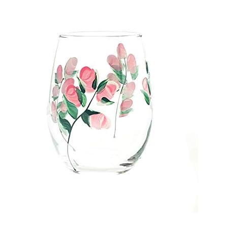 Pink Rose Bud Flower Hand Painted Stemless Wine Glass - Perfect Mother's Day Gift - Spring Summer Wine Glasses - 15 oz Stemless Wine Glass Cover