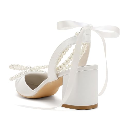 Women's Pointed Closed Toe Pearl Chunky Heels for Women Dressy Shoes Wedding Shoes for Bride Bridal Block Heels3