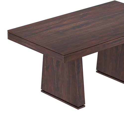 Image of Solid Wood 6 Seater Dining Table | Sheesham Wood Six Seater Dining Table with Cushion Chairs | Wooden Furniture Dinner Table with 4 Chairs and Bench | Walnut Finish with Cream Upholstery