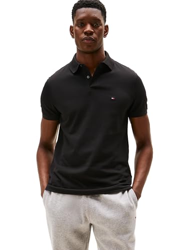Tommy Hilfiger Men's Short Sleeve Polo Shirts in Regular Fit with Stretch and Organic Pique Cotton, Black, Large