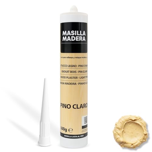 Masilla Madera Pino Claro, Ideal para rellenar y y reparar madera al interior, Masilla lista al uso, Rellenadora de agujeros, Formato cartucho para pistola, Color Pino Claro, Contiene 400 gramos