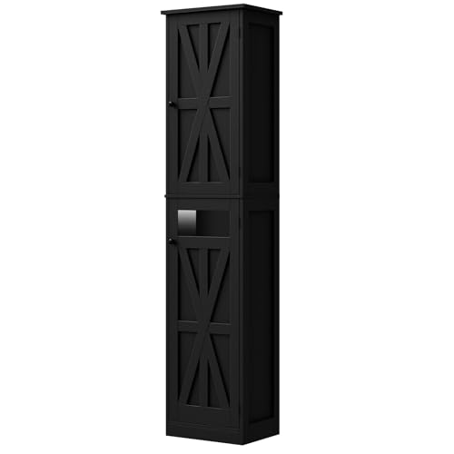 Image of Halitaa Tall Narrow Bathroom Storage Cabinet, Slim Bathroom Cabinet with Adjustable Shelves and 2 Doors, Farmhouse Freestanding Floor Storage for Small Spaces, Bathroom, Kitchen, Living Room, Black