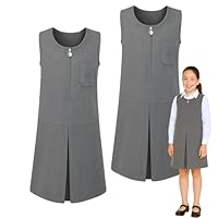 SchoolStitch® Girls School Uniform Pinafore Dresses, Pack of 2 Round Neck Sleeveless Zip Closure Pleated Dress with Heart Pockets, Plain School Uniform Girls Pinafore Dress, Ages 2-16 Grey