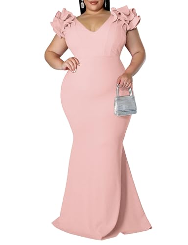 Image of Ekaliy Women's Plus Size Maxi Dress Elegant V-Neck Ruffle Sleeves Bodycon Mermaid Evening Gown