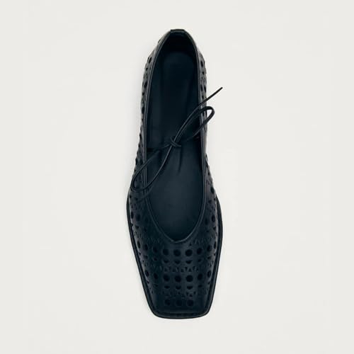 Image of VBDB Black Ballet Flats for Women Square Toe Lace up Wide Width Mary Jane Flats Casual Slip on Ballerina Shoes
