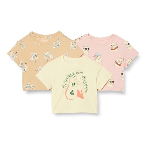 Amazon Essentials Mädchen Kurzärmelige T-Shirts 3er-Pack Coole Katze/Tiger/Tropische Früchte 10 Jahre