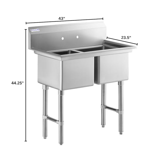 Image of Empura 43 inch Wide Stainless Steel Two Compartment Commercial Sink | Prep Utility 18 inch x 18 inch Bowl for Restaurant Laundry Hotel | 3.5 inch Drain Basket, 9.75 inch Backsplash, 43 inchW x 23.5 inchD x 44.25 inchH, 16 Gauge, NSF