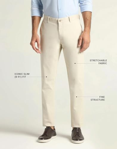 Image of Blackberrys Men's Textured Beige Slim-Fit Trousers |Office Wear & Casual Wear
