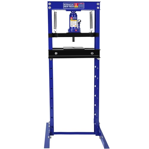 Image of Hydraulic Shop Press 12T, H-Frame Bearing Shop Press, Adjustable Garage Shop Press with 2 Press Plates, Adjustable Working Table Height, Blue