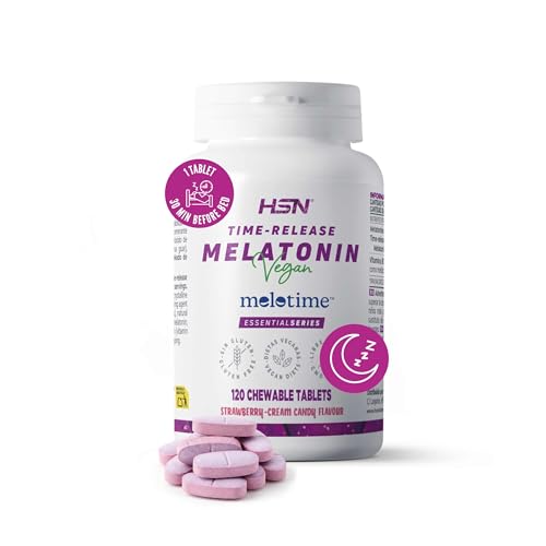 HSN Melatonina 1,9mg de Liberación Prolongada (8 horas) | 120 Tabletas Masticables Sabor Caramelo de Fresa-Nata | La Melatonina contribuye a Aliviar Jet Lag | No-GMO, Vegano, Sin Gluten
