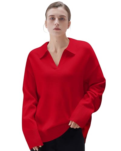 SUUKSESS Women Cashmere Oversized V Neck Pullover Sweaters Long Sleeve Collared Knit Jumper Tops