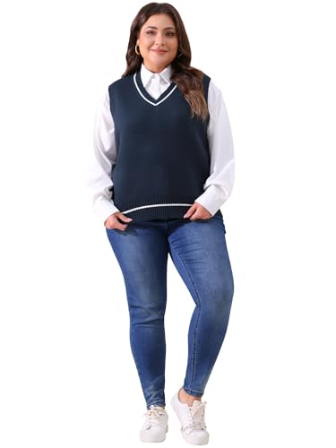 Image of Agnes Orinda Plus Size Sweater Vest for Women V Neck Stripe Cable Knit Sleeveless Pullover Sweater Vest