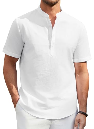 Enlision Camisa Lino Blanco Hombre Hombre Verano Sin Cuello Mao Camisa Verano para Hombres Casual Playa Camisetas con Botónes 3XL