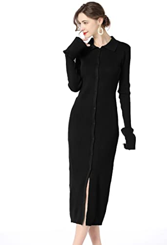 RanRui Women Long Sleeve Knit Dress Stripe Botton Down Knitted Dress Cardigan Sweater Dresses Ribbed Knit Bodycon Maxi Dress3