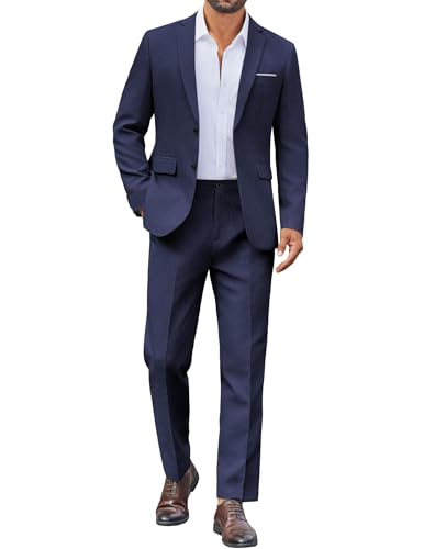COOFANDY Mens Suits 2 Piece Linen Blazer and Pants Wedding Guest Outfit Dark Blue