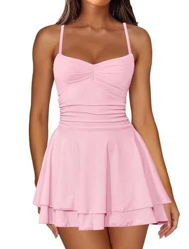 Image of IWD Women's Spaghetti Strap Mini Dress Ruched Corset Tiered Ruffle Hem Sexy Backless Party Club A Line Short Dresses