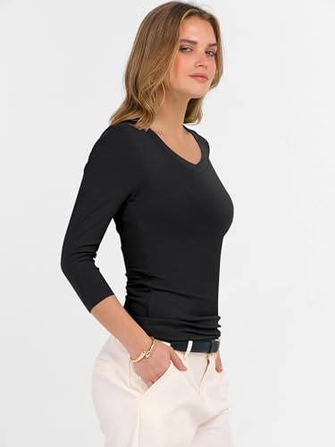 ANRABESS Womens Tops 3/4 Sleeve V Neck Ribbed Knit Slim Fit Shirts Basic Tee 2025 Fall Outfits Casual Tshirt Fashion Clothes4